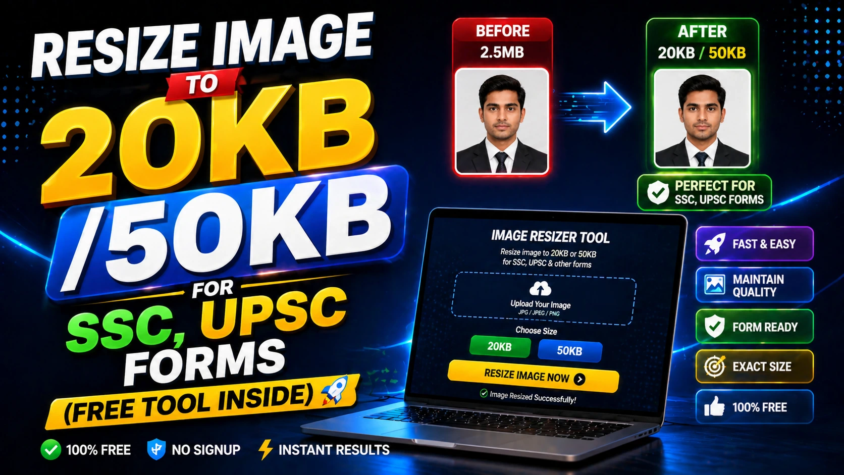 Resize Image to 20KB/50KB for SSC, UPSC Forms (Free Tool Inside)