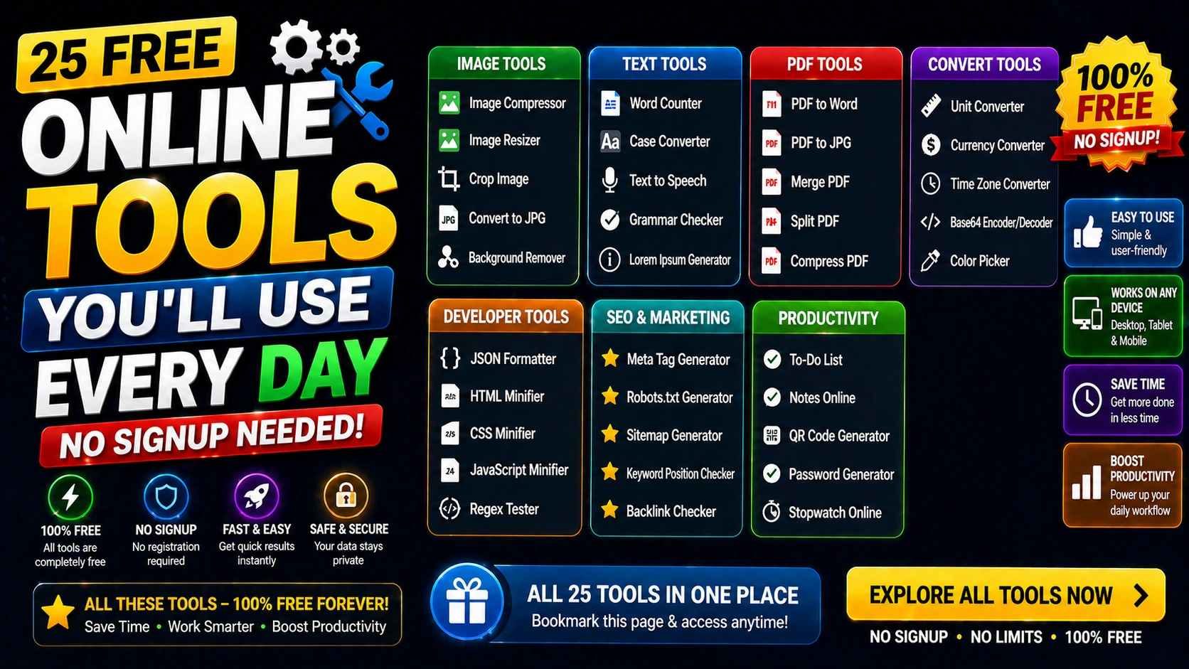 25 Free Online Tools You'll Use Every Day (No Signup Needed)