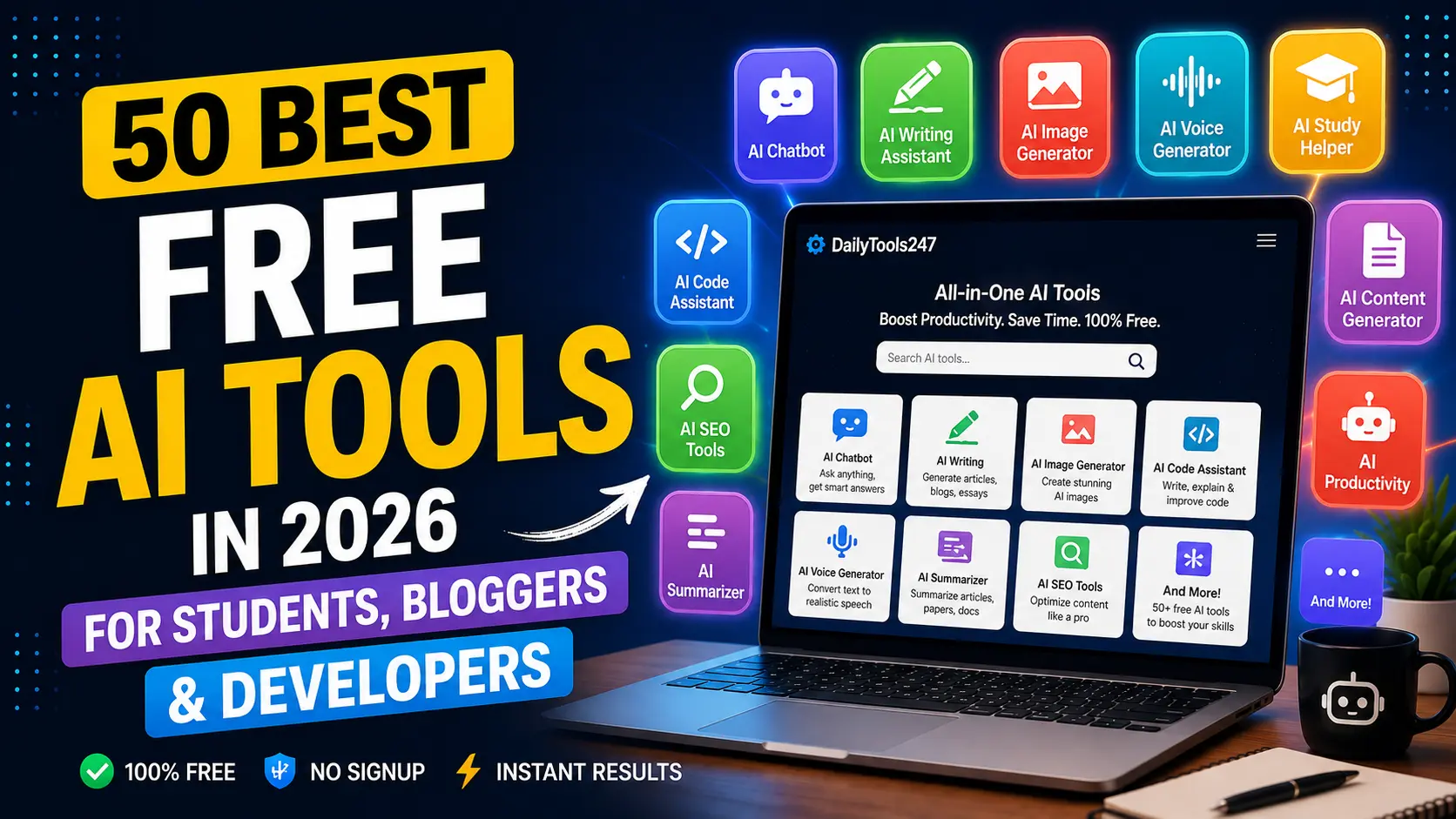50 Best Free AI Tools in 2026 for Students, Bloggers & Developers
